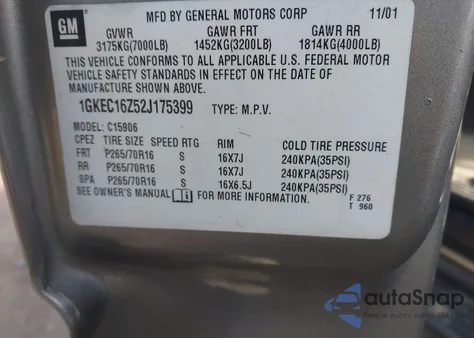 2002 GMC Yukon Xl 1500 Slt из США, поврежденный, VIN 1GKEC16Z52J175399